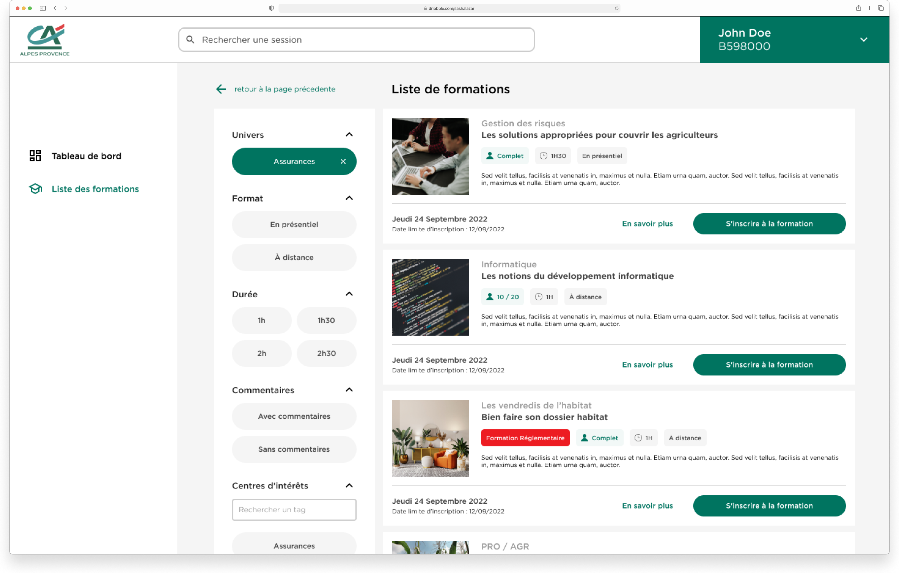 CAAP - Plateforme - e-Learning - Course_List Interface permettant au Professionnel de l'immobilier d'avoir des informations sur 1964 et remplir un formulaire en vue d'un partenariat